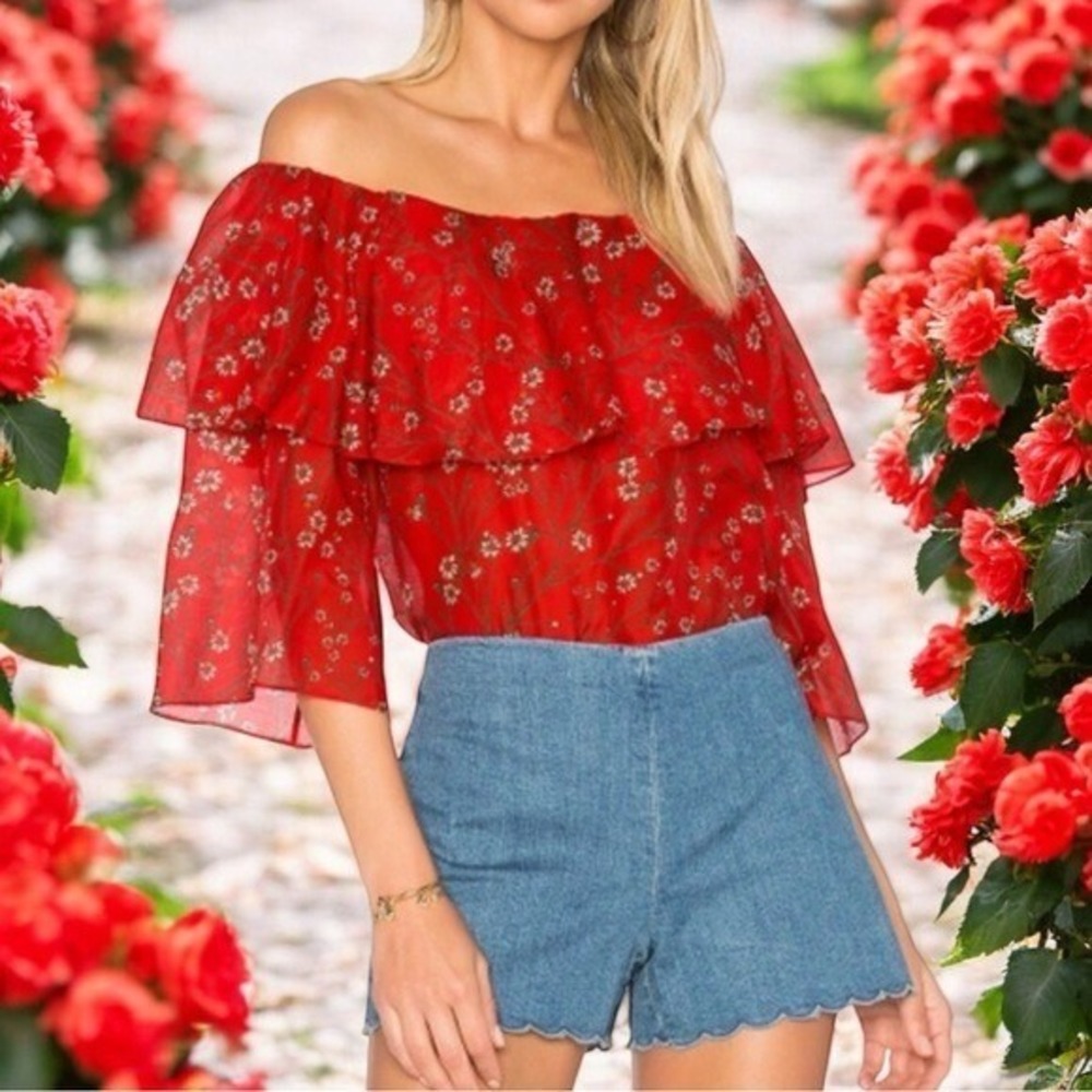 Alice + Olivia Meagan Off Shoulder Blouse Red Dainty Daisy Summer Feminine M